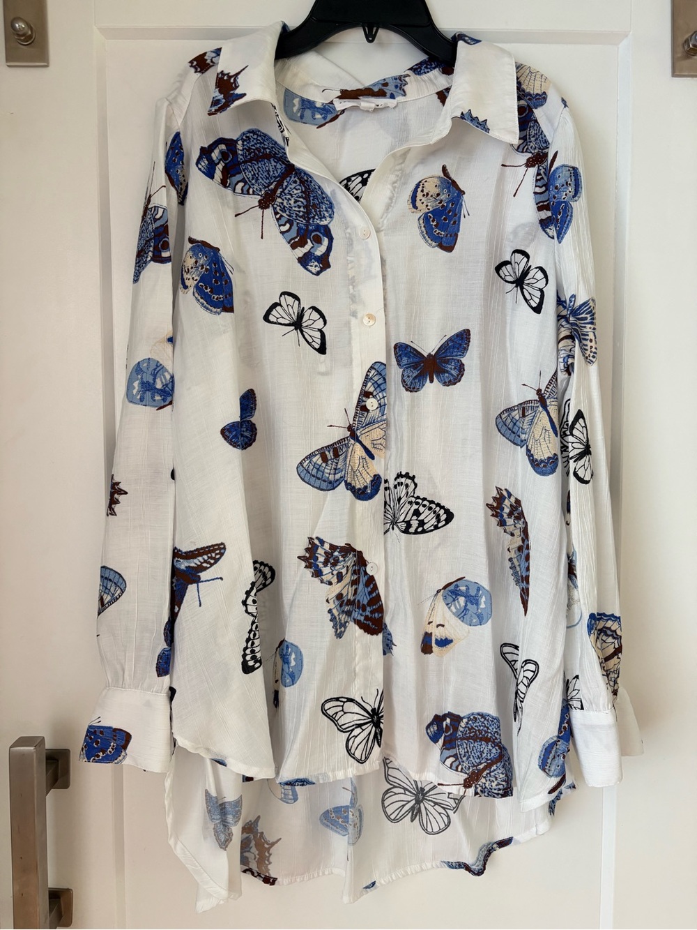 Jane and Delancey White Button-Down with Blue Butterfly Print